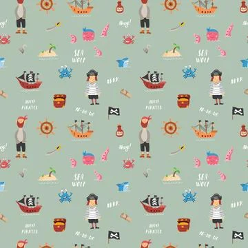 Cute Pirate elements Seamless Pattern. Cartoon items Pirate and objects. ba.. Stock Illustration
