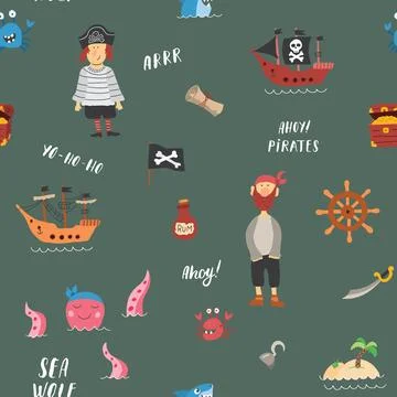 Cute Pirate elements Seamless Pattern. Cartoon items Pirate and objects. ba.. Illustrazione stock