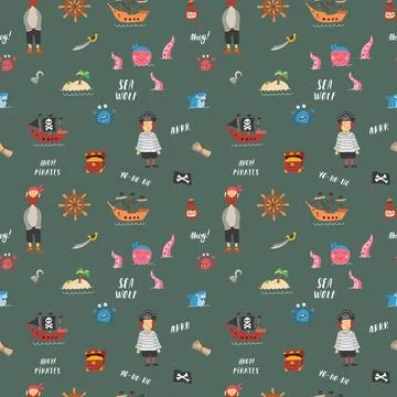 Cute Pirate elements Seamless Pattern. Cartoon items Pirate and objects. ba.. Stock Illustration