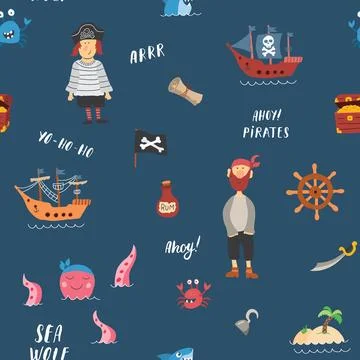 Cute Pirate elements Seamless Pattern. Cartoon items Pirate and objects. ba.. Stockillustratie