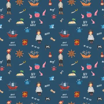 Cute Pirate elements Seamless Pattern. Cartoon items Pirate and objects. ba.. Illustrazione stock