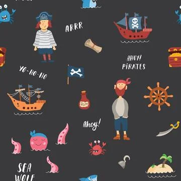 Cute Pirate elements Seamless Pattern. Cartoon items Pirate and objects. ba.. Stock Illustration