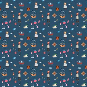 Cute Pirate elements Seamless Pattern. Cartoon items Pirate and objects. ba.. Stock Illustration