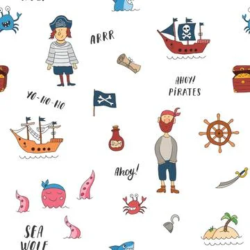Cute Pirate elements Seamless Pattern. Cartoon items Pirate and objects. ba.. Stock Illustration