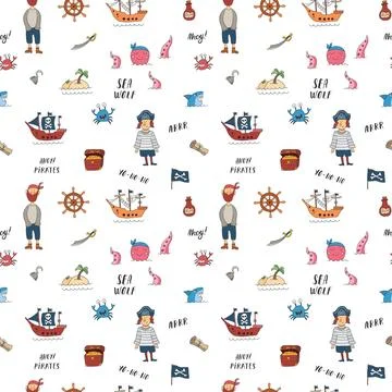 Cute Pirate elements Seamless Pattern. Cartoon items Pirate and objects. ba.. Stockillustratie