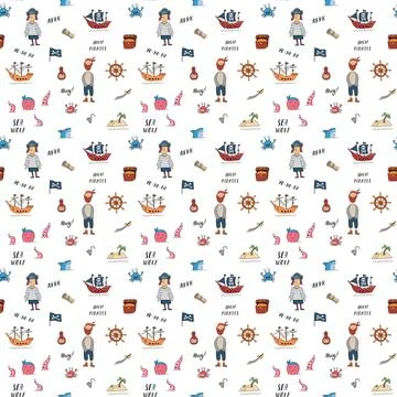 Cute Pirate elements Seamless Pattern. Cartoon items Pirate and objects. ba.. Stock Illustration
