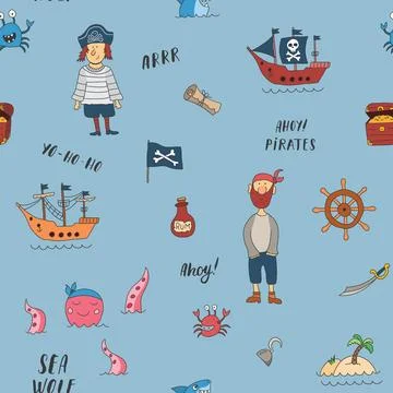 Cute Pirate elements Seamless Pattern. Cartoon items Pirate and objects. ba.. 库存插图