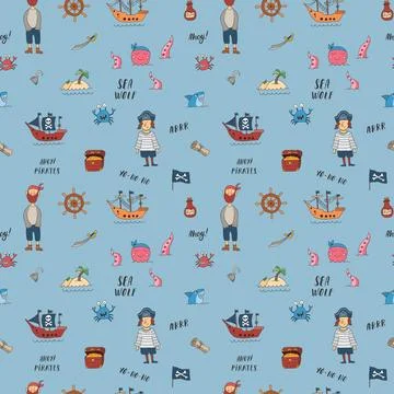 Cute Pirate elements Seamless Pattern. Cartoon items Pirate and objects. ba.. Stockillustratie