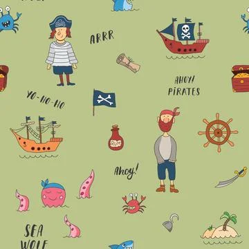 Cute Pirate elements Seamless Pattern. Cartoon items Pirate and objects. ba.. イラスト素材