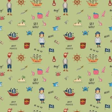 Cute Pirate elements Seamless Pattern. Cartoon items Pirate and objects. ba.. Stock Illustration