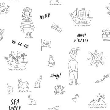 Cute Pirate elements Seamless Pattern. Cartoon items Pirate and objects. ba.. Illustrazione stock