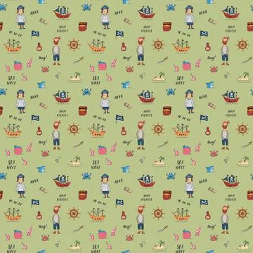 Cute Pirate elements Seamless Pattern. Cartoon items Pirate and objects. ba.. Stock Illustration