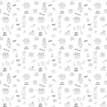 Cute Pirate elements Seamless Pattern. Cartoon items Pirate and objects. ba.. Illustrazione stock