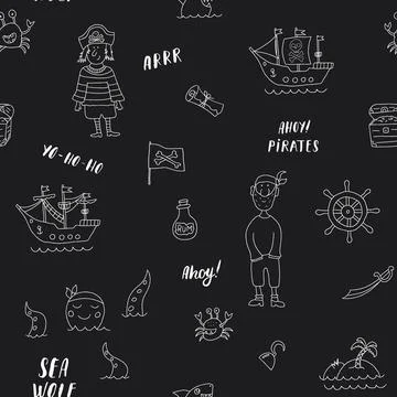 Cute Pirate elements Seamless Pattern. Cartoon items Pirate and objects. ba.. イラスト素材