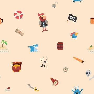 Cute Pirate elements Seamless Pattern. Cartoon items Pirate and objects. ba.. 库存插图