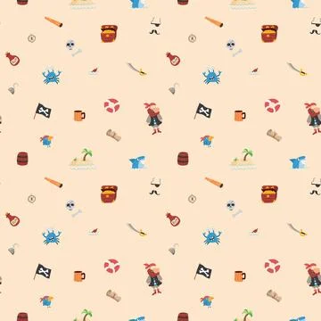 Cute Pirate elements Seamless Pattern. Cartoon items Pirate and objects. ba.. Stock Illustration