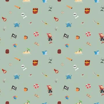 Cute Pirate elements Seamless Pattern. Cartoon items Pirate and objects. ba.. Stock Illustration
