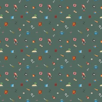 Cute Pirate elements Seamless Pattern. Cartoon items Pirate and objects. ba.. Illustrazione stock
