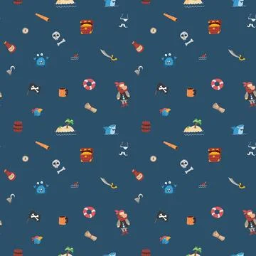 Cute Pirate elements Seamless Pattern. Cartoon items Pirate and objects. ba.. イラスト素材