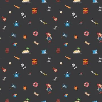 Cute Pirate elements Seamless Pattern. Cartoon items Pirate and objects. ba.. Stock Illustration