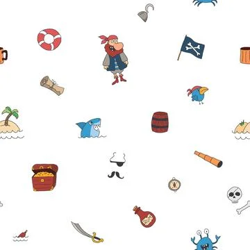 Cute Pirate elements Seamless Pattern. Cartoon items Pirate and objects. ba.. Illustrazione stock