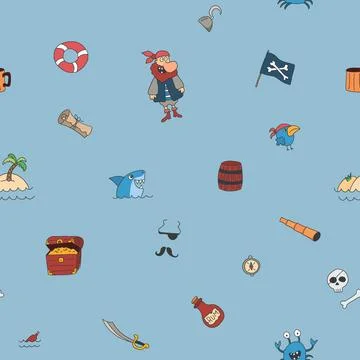 Cute Pirate elements Seamless Pattern. Cartoon items Pirate and objects. ba.. Illustrazione stock