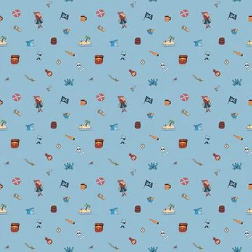 Cute Pirate elements Seamless Pattern. Cartoon items Pirate and objects. ba.. Stock Illustration
