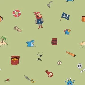 Cute Pirate elements Seamless Pattern. Cartoon items Pirate and objects. ba.. Stock Illustration