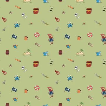 Cute Pirate elements Seamless Pattern. Cartoon items Pirate and objects. ba.. Illustrazione stock