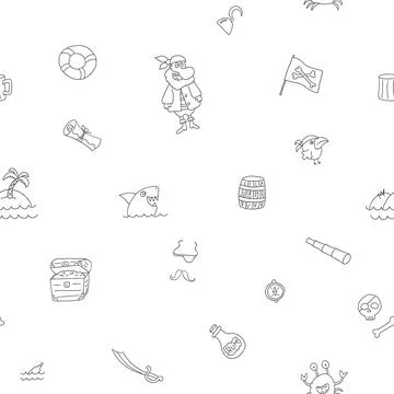Cute Pirate elements Seamless Pattern. Cartoon items Pirate and objects. ba.. Illustrazione stock