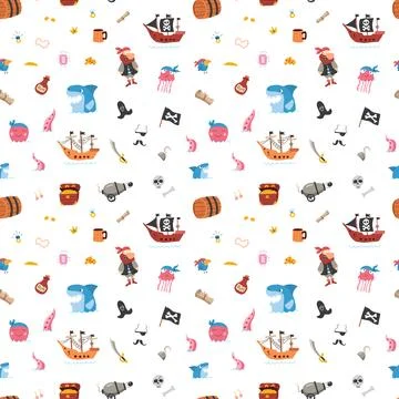 Cute Pirate elements Seamless Pattern. Cartoon items Pirate and objects. ba.. Stock Illustration