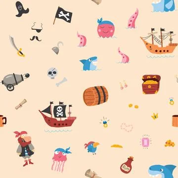 Cute Pirate elements Seamless Pattern. Cartoon items Pirate and objects. ba.. Stock Illustration
