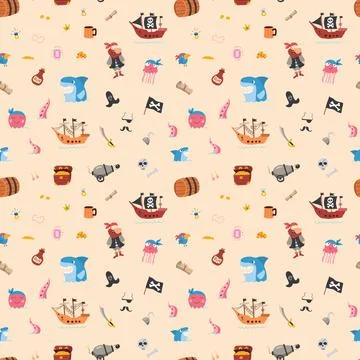 Cute Pirate elements Seamless Pattern. Cartoon items Pirate and objects. ba.. Stock Illustration
