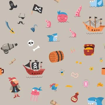 Cute Pirate elements Seamless Pattern. Cartoon items Pirate and objects. ba.. Stock Illustration