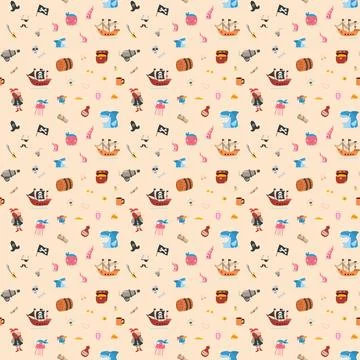 Cute Pirate elements Seamless Pattern. Cartoon items Pirate and objects. ba.. イラスト素材