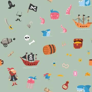 Cute Pirate elements Seamless Pattern. Cartoon items Pirate and objects. ba.. Stockillustratie