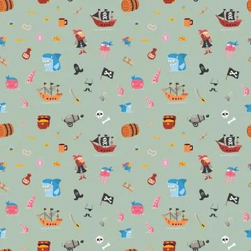Cute Pirate elements Seamless Pattern. Cartoon items Pirate and objects. ba.. Stockillustratie