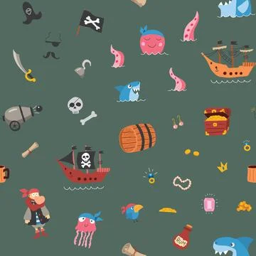 Cute Pirate elements Seamless Pattern. Cartoon items Pirate and objects. ba.. 스톡 일러스트