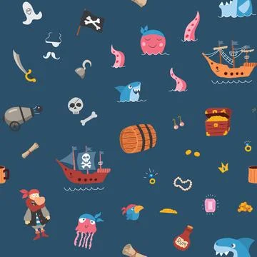 Cute Pirate elements Seamless Pattern. Cartoon items Pirate and objects. ba.. 스톡 일러스트