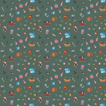Cute Pirate elements Seamless Pattern. Cartoon items Pirate and objects. ba.. Illustrazione stock