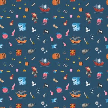 Cute Pirate elements Seamless Pattern. Cartoon items Pirate and objects. ba.. Stock Illustration