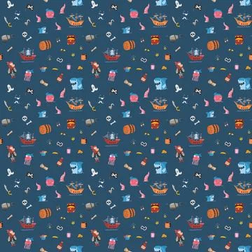 Cute Pirate elements Seamless Pattern. Cartoon items Pirate and objects. ba.. イラスト素材