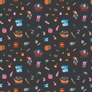 Cute Pirate elements Seamless Pattern. Cartoon items Pirate and objects. ba.. Stockillustratie