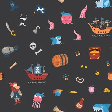 Cute Pirate elements Seamless Pattern. Cartoon items Pirate and objects. ba.. Illustrazione stock