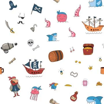 Cute Pirate elements Seamless Pattern. Cartoon items Pirate and objects. ba.. Illustrazione stock