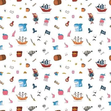 Cute Pirate elements Seamless Pattern. Cartoon items Pirate and objects. ba.. Illustrazione stock