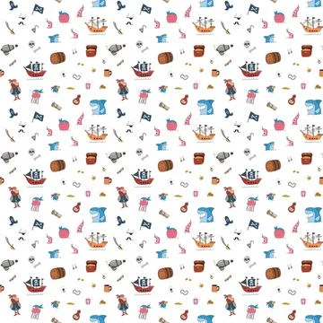 Cute Pirate elements Seamless Pattern. Cartoon items Pirate and objects. ba.. Illustrazione stock