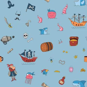 Cute Pirate elements Seamless Pattern. Cartoon items Pirate and objects. ba.. 스톡 일러스트