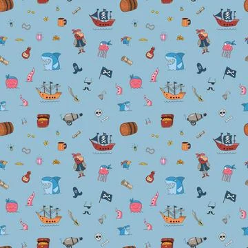 Cute Pirate elements Seamless Pattern. Cartoon items Pirate and objects. ba.. イラスト素材