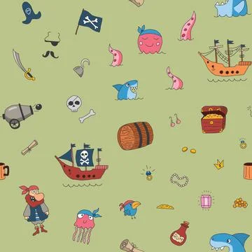 Cute Pirate elements Seamless Pattern. Cartoon items Pirate and objects. ba.. Stock Illustration